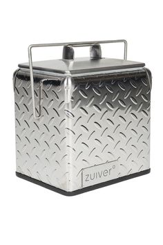 a large metal container with handles on the side and an open lid that says zuiver