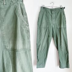 CURRENTLY OUT OF TOWN / THIS WILL SHIP AFTER OCTOBER 19TH. ENJOY 30% OFF - DISCOUNT ALREADY TAKEN!  Vintage 1947 Army fatigue pants. Era✦ 1940s  Brand✦ army issued  Material✦ cotton  Closure✦ front buttons Condition✦ two button missing from side waist and back pocket, some fading and small holes, still in great strong wearable condition. (cleaned & comes from a smoke-free home) ✂Measurements: Please do not go by its original tag size. Always go by the measurements listed below!!taken flat and do Vintage Straight Leg Work Pants, Vintage Wide Leg Khaki Bottoms, Vintage Cargo Pants With Belt Loops In Khaki, Military Style Cotton Bottoms With Elastic Waistband, Vintage Khaki Cargo Pants With Belt Loops, Vintage Tapered Leg Bottoms With Button Closure, Vintage Green Cargo Pants, Vintage Full Length Khaki Cargo Pants, Vintage Green Cargo Pants With Pockets