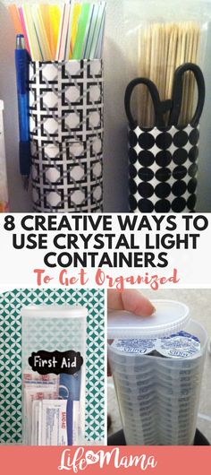 four different ways to use crystal light containers for crafting and organization with text overlay that says 8 creative ways to use crystal light containers