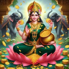 the goddess sitting on top of a lotus surrounded by gold coins and an elephant in the background