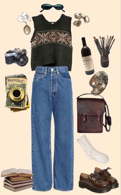 How To Style Vintage Jeans, Winter Fits Vintage, Vintage Artsy Aesthetic Outfits, Indie Winter Fits, Vintage Lookbook Outfits, Thrifted Outfits Vintage, Vintage Outfits Ideas, Vintage Fall Outfits, Winter Indie Outfits