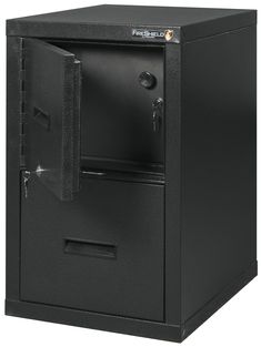 a black safe box with the door open and keys in it's side pocket