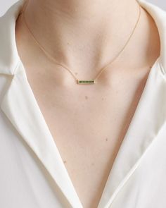 14K Gold East West Emerald Baguette Bar Necklace Classic Bar, Necklace Design, Emerald Gemstone, East West, White Sapphire, Dainty Necklace, Bar Necklace, Quince, Free Bag