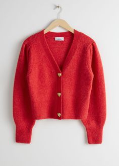 Metallic Heart Button Cardigan - Red - Cardigans - & Other Stories Red Knitted Cardigan, Red Knit Cardigan, Long Sleeve Knitted Cardigan, Fitted Cardigan, Heart Button, Spring Sweater, Red Cardigan, Button Cardigan, Cardigan Sweaters For Women