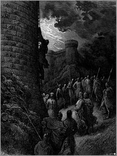 an old black and white drawing of people standing near a wall with a castle in the background