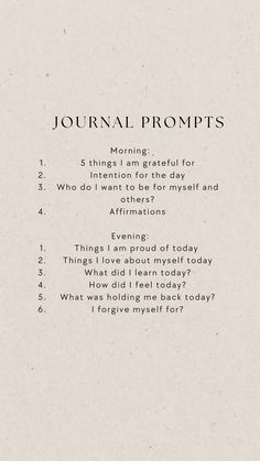 Daily Journal Writing Ideas, Journal Ideas For Self Improvement, What To Journal About In The Morning, Self Growth Journal Ideas, Journal Ideas Everyday, Selfcare Journal Prompts, Journal Ideas For Healing, Daily Journal Prompts For Self Growth, Meaningful Journal Prompts