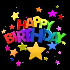 the words happy birthday surrounded by stars and confetti in bright colors on a black background