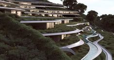 an artist's rendering of a futuristic building on top of a hill with water flowing down it