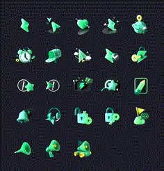 a collection of green and black objects on a dark background, including an object that appears to be part of a computer screen