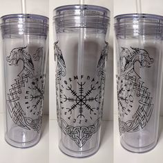 three pictures of the same tumbler cup with different designs on it and one has a straw in it