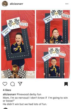 a child in a photo booth with the caption'i like alilisar pinewood derby fun mom, im nervous i don't know it '