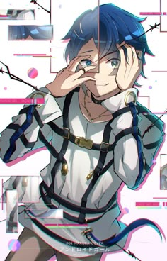 an anime character with blue hair and suspenders holding his hand up to his face