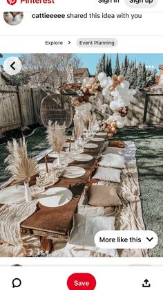 a long table is set up with balloons and place settings for an outdoor dinner party