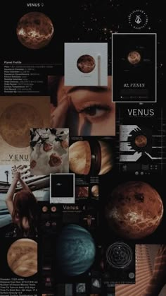 a collage of photos with planets and stars in the background, including an image of a woman's face