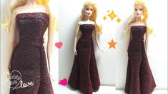 the doll is wearing a strapless dress with sequins