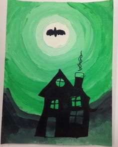 a painting of a bat flying over a house with green and black paint on it