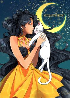 a woman in a yellow dress holding a white cat on her shoulder with the moon behind her