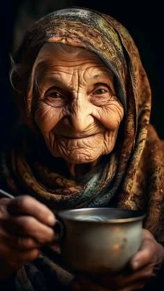 an old woman holding a bowl and spoon