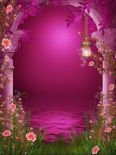 an archway with flowers and a lantern hanging from it's sides, in front of a purple background