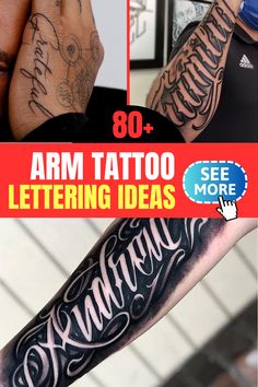 arm tattoo lettering ideas for men and women with the words arm tattoos written on them