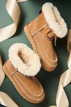 Rooted in UGG heritage, this boot showcases iconic features including the signature Twin Seam, an exposed sheepskin collar, and fixed leather laces. | Classic Mini Alpine Boots by UGG in Beige, Women's, Size: 6, Leather/Lyocell/Tencel at Anthropologie Ugg Leather Boots For Women, Ugg Zipper Boots, Ugg Zip Boots, Fur Boots Uggs, Ugg Sheepskin Cuff Boot, Ugg Ankle Boots, Beige Boots, Ugg Classic Mini, Black Platform Boots