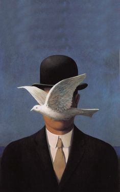 a painting of a man in a suit and tie with a bird on his head