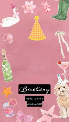 a pink birthday card with an image of a dog and other items on the front