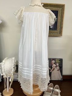 Bijoux white swiss heirloom dress with ivory french lace and entredeux.  Size  2T- 3T with 28" length . Heirloom Dresses, Handkerchief Dress, Heirloom Sewing, French Lace, Square Neck, Smocking, Flower Girl, Flower Girl Dresses, Girls Dresses