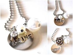 three different pictures of necklaces with charms on them