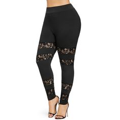 Sheer Lace Insert Plus Size Leggings - Black - 3B64165612 - Women's Clothing, Plus Size Women's Clothing  #PlusSizeWomensClothing #Women's #Clothing # #Plus #Size #Women's #Clothing Womens Fashion Leggings, Trendy Womens Fashion, Lace Leggings, Women's Outfits By Occasions, Fashion Leggings, Trendy Plus Size Clothing, Ankle Leggings, Plus Size Leggings, Leggings Casual