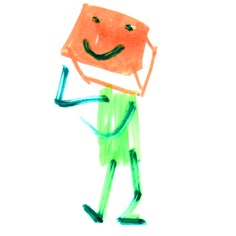 a child's drawing of a smiling man with arms and legs in the air