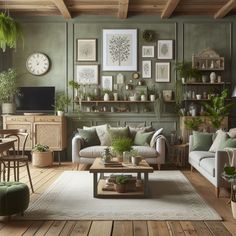 a living room filled with furniture and lots of plants on the wall above it's coffee table