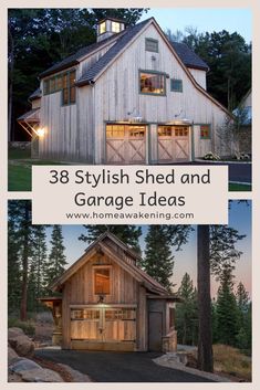 the front and back side of a barn style house with two garages on each side