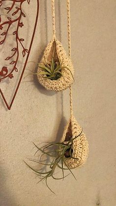 two air plants hanging from hooks on the wall next to a heart shaped planter