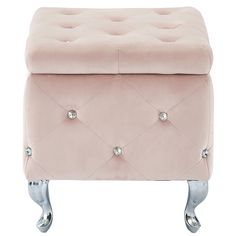 a pink ottoman with metal legs and studded buttons on the top, sitting in front of a white background