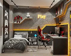 a room with a bed, desk and chair in it that is decorated like a star wars movie