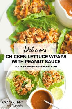 chicken lettuce wraps with peanut sauce on a white plate and in a bowl