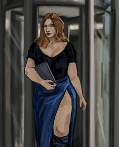 a drawing of a woman in a blue skirt and black top walking down a hallway