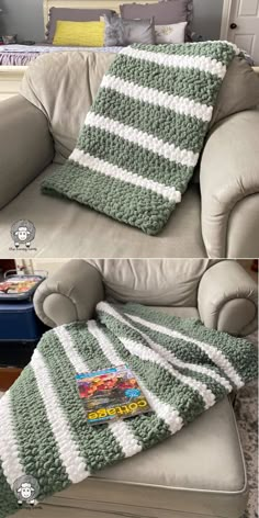 two photos showing the same blanket on a couch