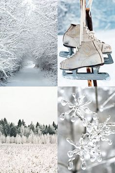 four different pictures with snow, trees and ice skates in the foreground is a snowy landscape