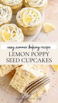 lemon poppy seed cupcakes on a plate with a fork