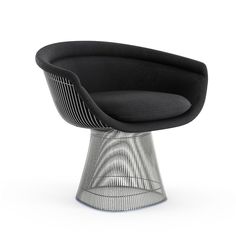 an egg chair with black upholstered fabric and metal frame, viewed from the front