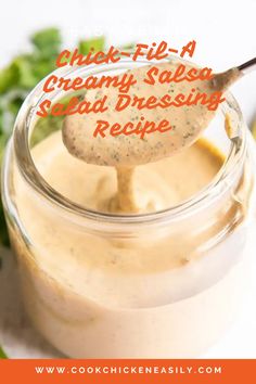 a spoon full of creamy salad dressing in a jar with the title text overlay