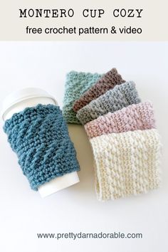 crocheted coffee cup cozyies with text overlay that reads, free crochet pattern & video