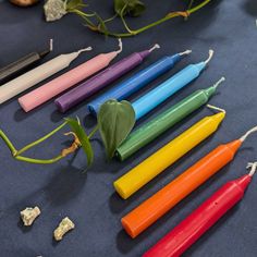 several different colored crayons are arranged on a blue surface with leaves and rocks