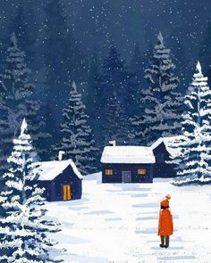 a painting of a person standing in the snow looking at a small cabin and trees