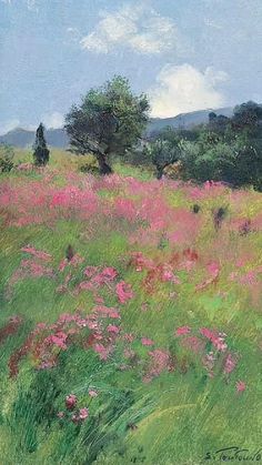 a painting of pink flowers in a field with trees and hills in the back ground