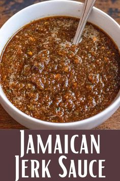 jamaican jerk sauce in a white bowl on a wooden table with the title above it