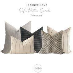 four pillows in different colors and sizes with text that reads, hackner home soft pillow collection hemosa