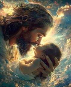 jesus holding a baby in his arms with clouds and sky behind him as the background